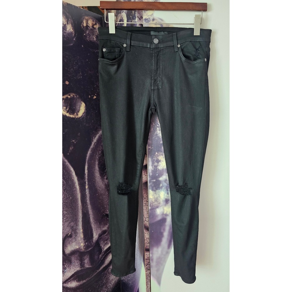 7 For All Mankind Women's‎ High Waisted Ankle Skinny Black Distressed Jeans 29
